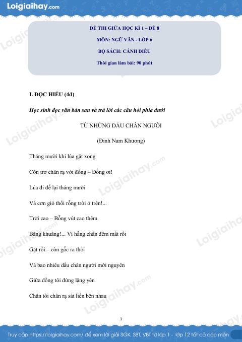 Đề thi giữa kì 1 Văn 6 Cánh diều - Đề số 8